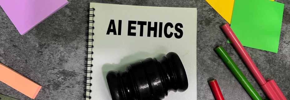 Concept of AI ethics write on book isolated on Wooden Table.